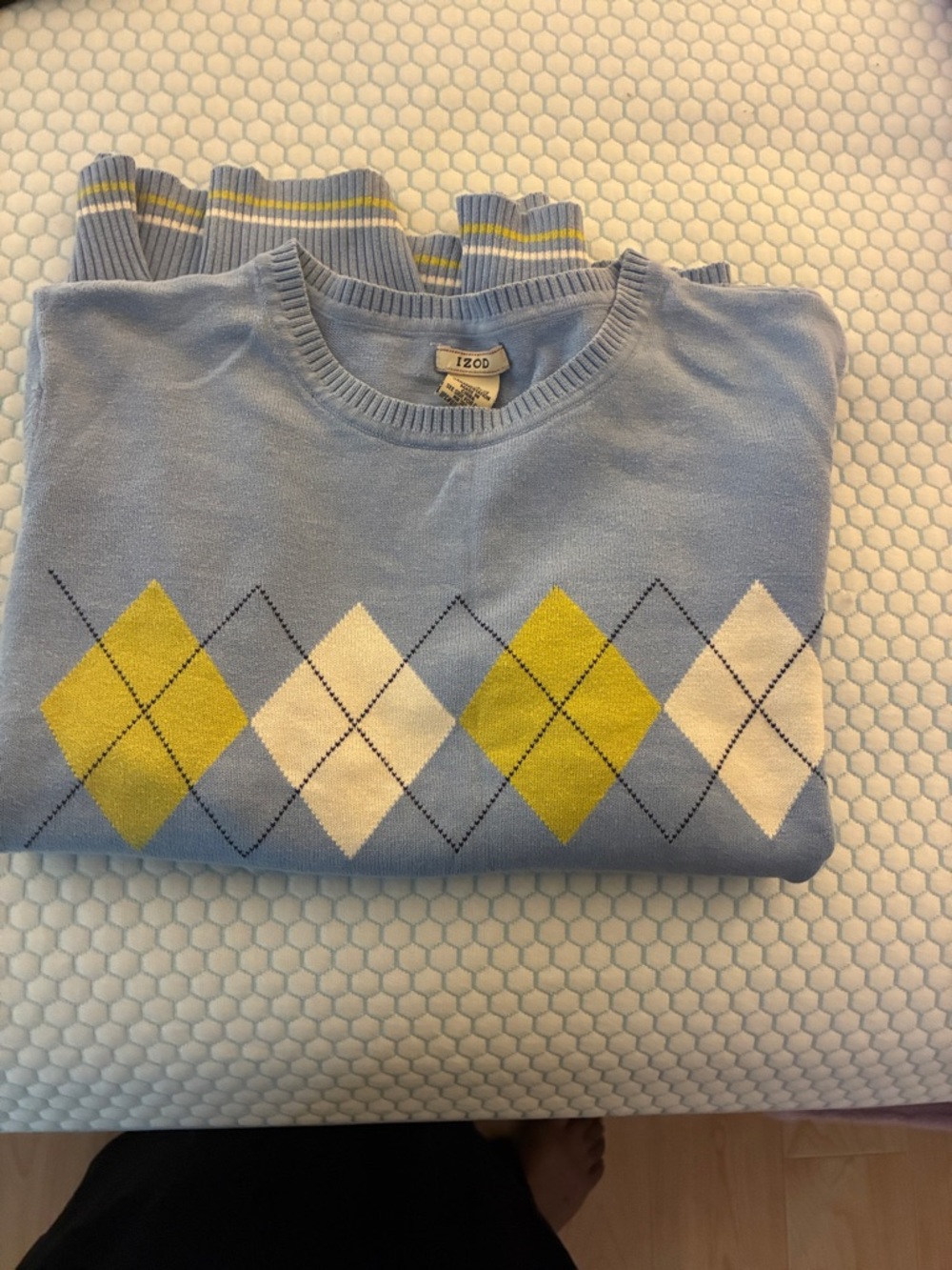 Izod Light Blue Argyle Crewneck Sweater with White and Yellow Accents